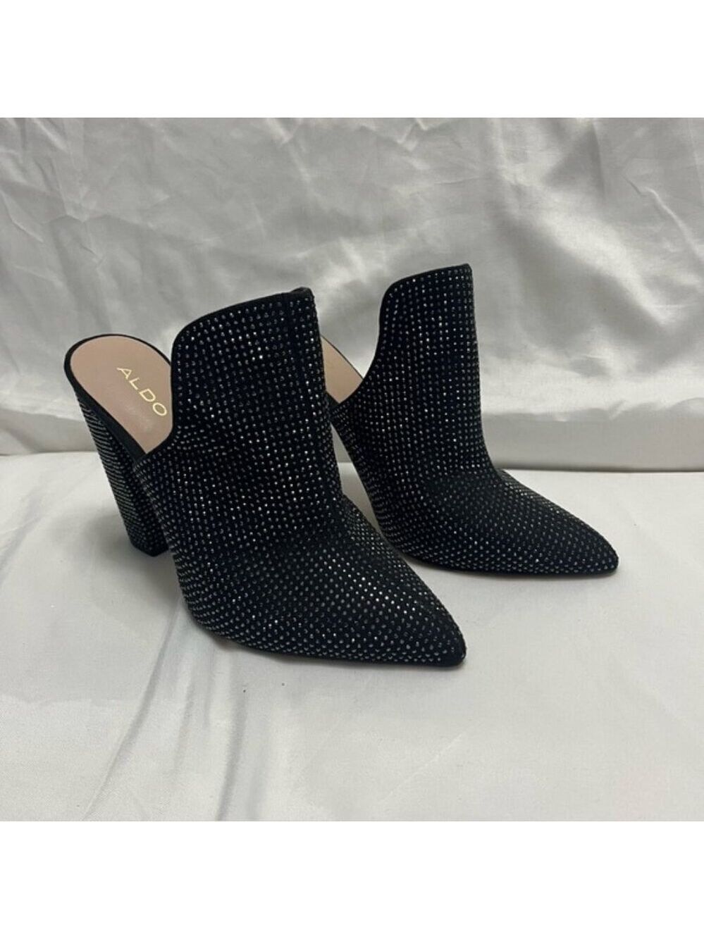 Aldo Rhinestone Crystal Embellished Mules Heels Black 7.5